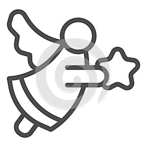 Angel with star line icon. Holy flying man with wing decoration symbol, outline style pictogram on white background