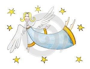 Angel with stars, childs drawing, watercolor paint photo