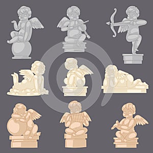 Angel statue vector angelic cupid sculpture and lovely baby character with wings on Valentines or wedding day