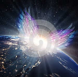 Angel touch, divine intervention, synchronicity, giving blessings, watching over Earth planet from space, orbit