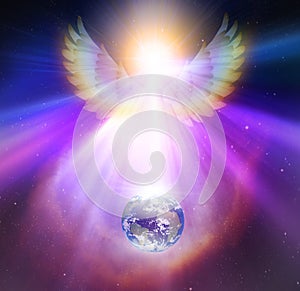 Angel touch, divine intervention, synchronicity, giving blessings, watching over Earth planet in space, orbit, earth healing