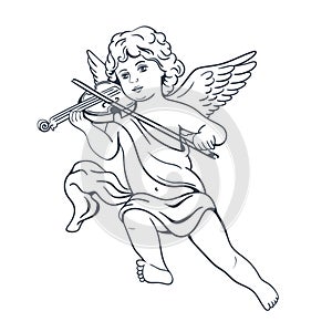 Angel with a violin isolated on white background. Vector. Line Art. Illustration. Template. Vintage. Card. Clipart. Close-up