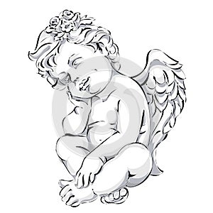 Angel wedding decor, Valentines day cupid, black and white vector illustration