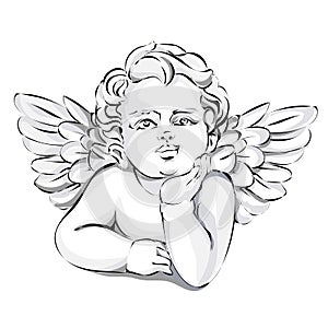 Angel wedding decor, Valentines day cupid, black and white vector illustration