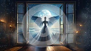 angel in the window at full moon night scene