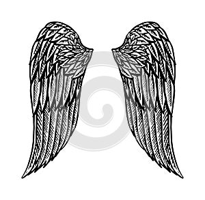 Angel wing in vintage style. Template for tattoo and emblems, t-shirts and logo. Emblem for stickers. Engraved sketch