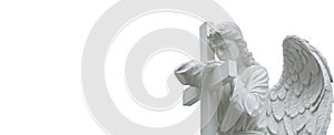 Angel with wings against white background. Free space for design or text. Ancient stone statue