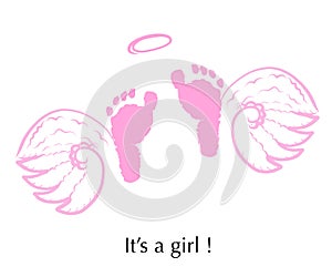 Angel wings with baby foot prints. It`s a girl. Baby gender reveal. Baby shower greeting card