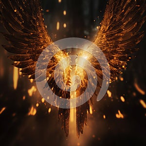 Angel wings on black blurred background golden particles Generative AI