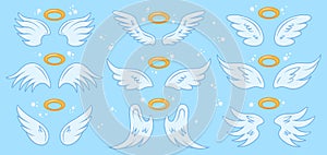 Angel wings. Cartoon angels wing and nimbus, winged angel holy sign, heaven elegant angel wings vector illustration