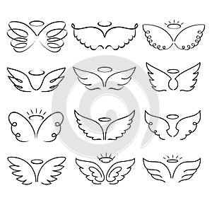 Angel wings drawing vector illustration. Winged angelic tattoo icons. Wing feather with halo, artistic artwork sketch