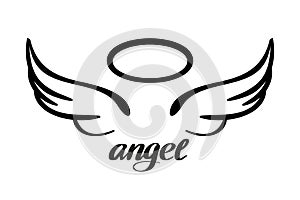 Angel wings and halo, icon sketch , religious calligraphic text symbol of Christianity hand drawn vector illustration