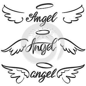 Angel wings icon sketch collection, religious calligraphic text symbol of Christianity hand drawn vector illustration