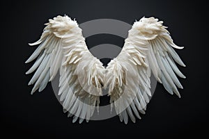 Angel wings isolated on the black background, fantasy feather wings for fashion design, cosplay and dress up party