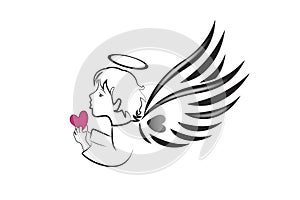 Angel wings love heart child sketching logo vector line art design