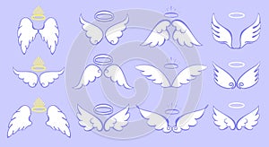 Angel wings with nimbus. Angel winged glory halo cute cartoon drawings vector illustration