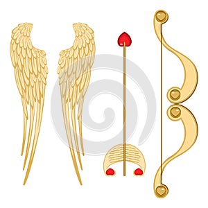 Angel wings, retro cupid bow and arrow with heart vector