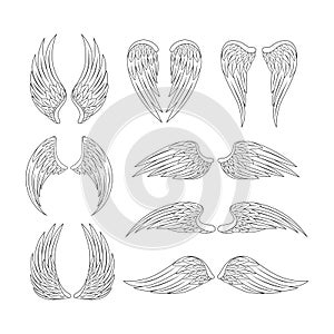 Angel wings set. Black and white vector illustration