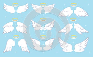 Angel wings set with gold nimbus cartoon vector icons