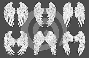 Angel wings silhouettes. White heraldic god wing set isolated, beautiful holy plumage for spiritual free fly innocence