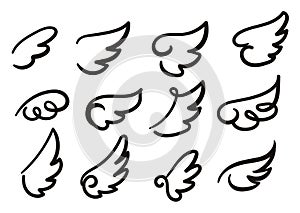 Angel wings sketch set. Hand drawn collection of wings isolated