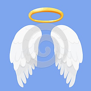 Angel wings white with halo, nimbus in cartoon style isolated on blue background, design element for decoration.