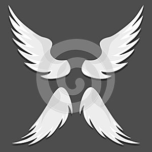 Angel wings, white angel wings isolated on black background. Vector, cartoon illustration