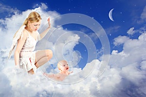 Angel woman and baby in clouds collage