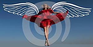 Angel woman with wings. Valentines day banner for website header design. Movement girl in red dress on sky. Attractive
