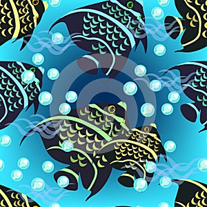 Angelfish seamless pattern on a blue background. vector
