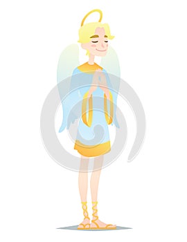 Angelic boy. Cute young man in style of Angel with wings praying. Vector.