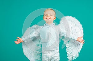 Angelic child boy cupid with angel wings.