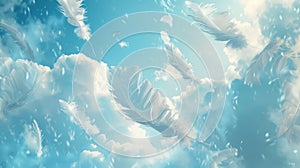 Angelic Feathers Descending from Soft Cloudy Sky