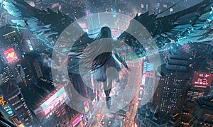 An angelic figure with wings overlooks a neon-lit cyberpunk city. Generate AI