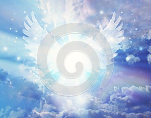 Spiritual guidance, Healing energy aura, Angel of light and love doing a miracle on sky, rainbow, white bright light angelic wings