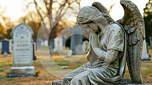 Angelic statue graces tombstone in serene cemetery. , Ai Generated