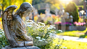 Angelic statue graces tombstone in serene cemetery. , Ai Generated