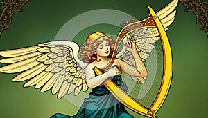 Angelic statue with harp, classical art and mythological figure, Stock Photo, Generative AI photo