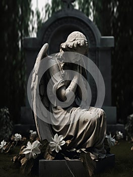 An angelic statue weeping silently over a forgotten burial plot. Gothic art. AI generation