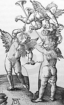 Angels blow engraved by Durer in the old book La Gravure, by A. Lostalot, 1896, Paris