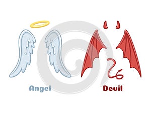 Angels and demons wings. Cartoon evil demon horns and good angel wing with nimbus. Devil and saint angel vector