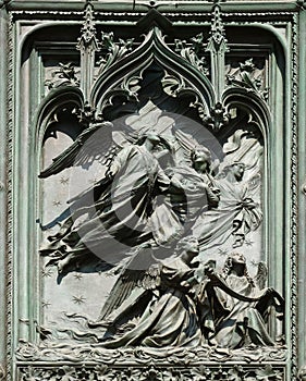 Angels, detail of the main bronze door of the Milan Cathedral