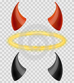 Angels halo and devils black red horns on transparent checkered background. Vector set