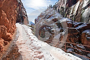 Angels Landing Hiking Trail switchbacks in snow during winter in Zion National Park in Utah