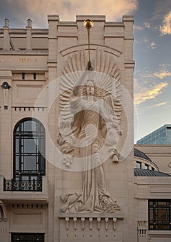 Angels with trumpets on the outside of the Bass Performance Hall in downtown Fort Worth, Texas.
