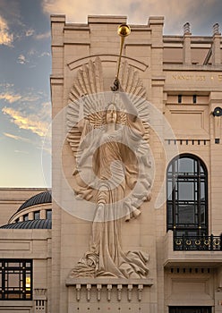 Angels with trumpets on the outside of the Bass Performance Hall in downtown Fort Worth, Texas.