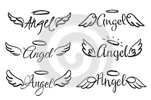 Angels wings emblems. Feather angel wing and halo, sketch feathers bird line tattoo. Hand drawn winged silhouettes