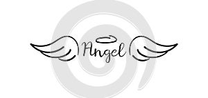 Angels wings with halo. Hand drawn vector feather angel. Handdrawn sketch feathers bird