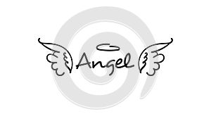 Angels wings with halo. Hand drawn vector feather angel. Handdrawn sketch feathers bird