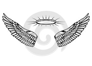 Angels wings with nimbus. Design element for poster, card, banner, t shirt.